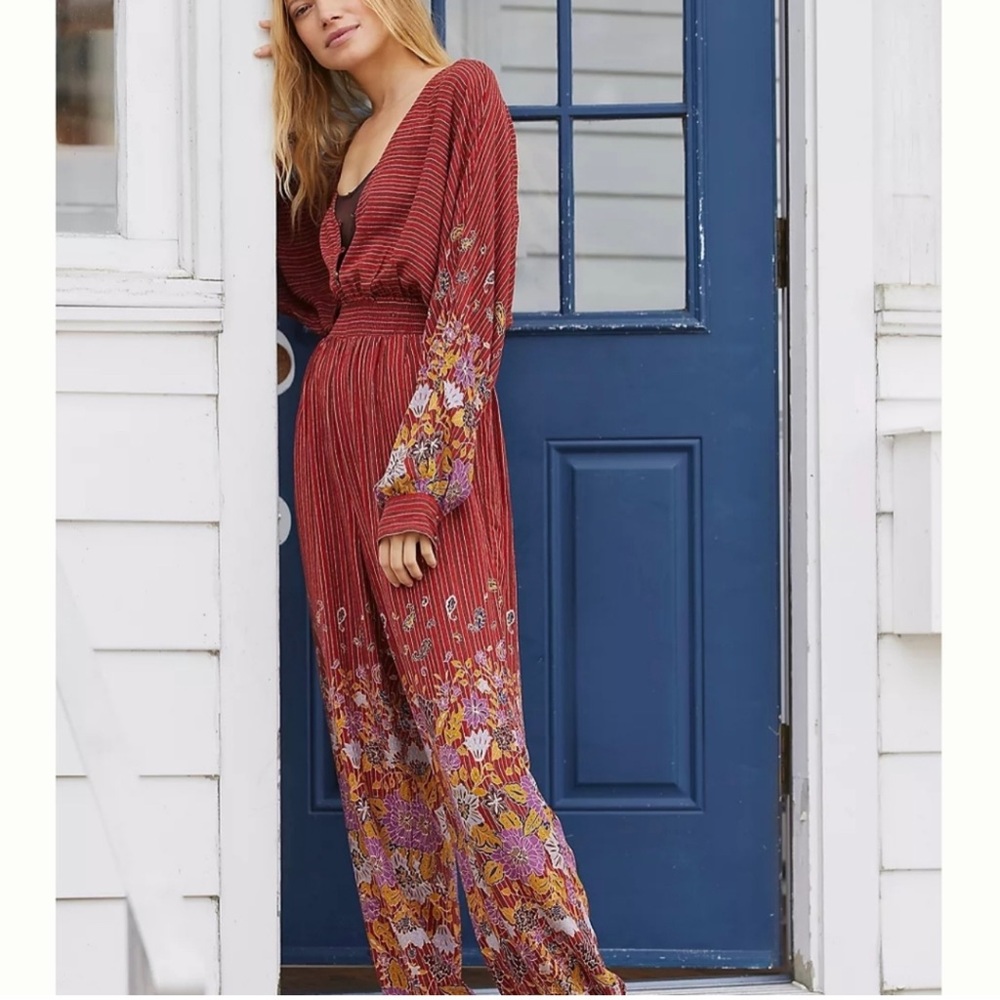 Anthropologie | Long Sleeve V-Neck Floral
Stripe Open Back Jumpsuit Romper